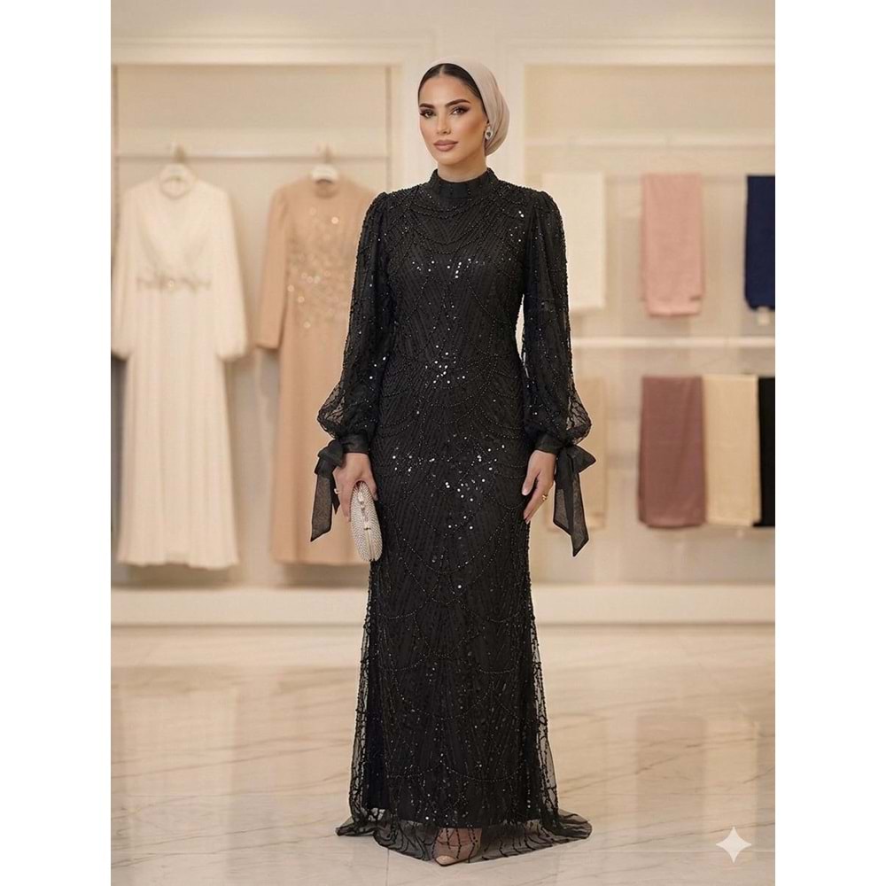 Boncuk ve Pullu Battal Abiye Elbise 4784 - Siyah - 50