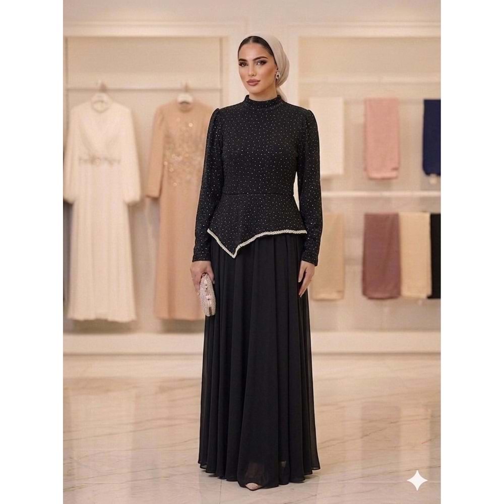 Pullu Eteği Taşlı Abiye Elbise 4824 - Siyah - 40