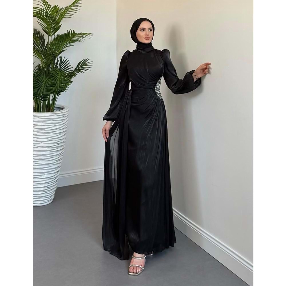 Yanı Taşlı Janjan Abiye Elbise af11 4756 - Siyah - 40
