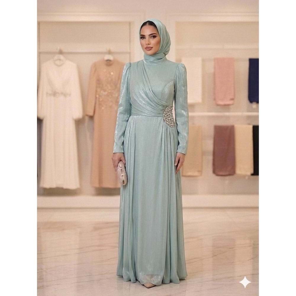 Yanı Taşlı Fırfırlı Abiye Elbise af11 17037 - Mint Yeşili - 40