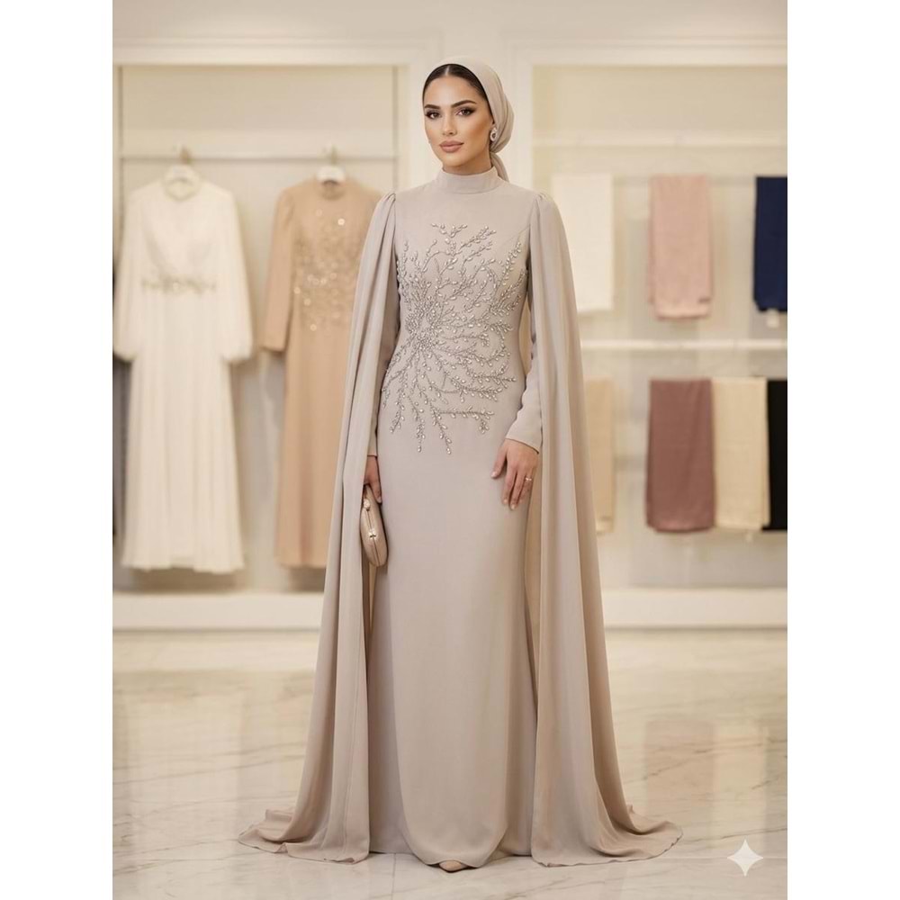Kristal Taşlı Abiye Elbise 12583 - Bej - 46