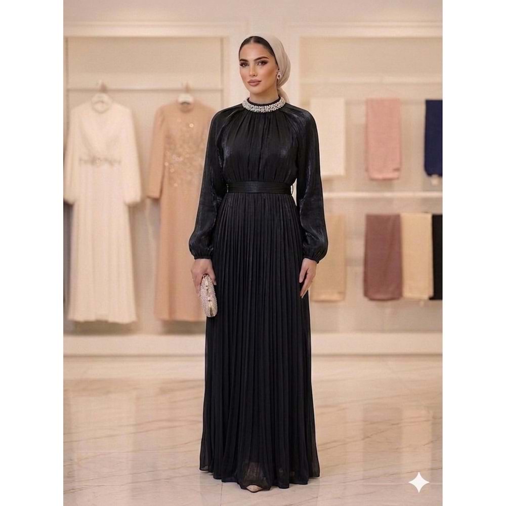 Taşlı Yaka İşlemeli Abiye Elbise af11 17001 - Siyah - 40