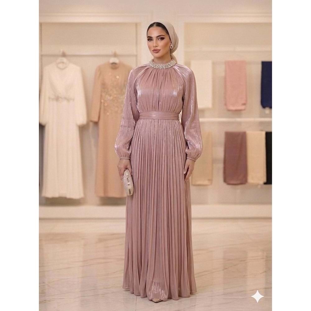 Taşlı Yaka İşlemeli Abiye Elbise af11 17001 - Toz Pembe - 40