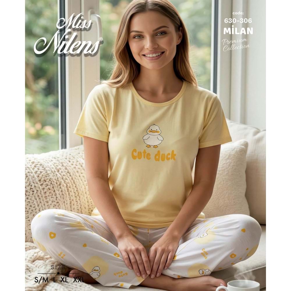 Milan Kumaş Kısa Kollu Pijama Takımı 1353 - Sarı - L - AZRA08334-65337