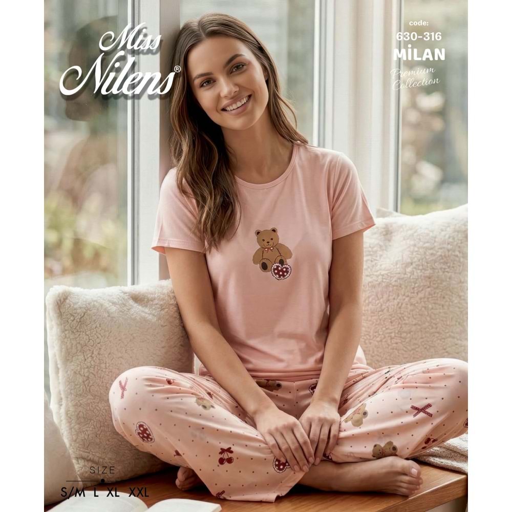 Milan Kumaş Kısa Kollu Pijama Takımı 1353 - Yavru Ağzı - L - AZRA08334-65349