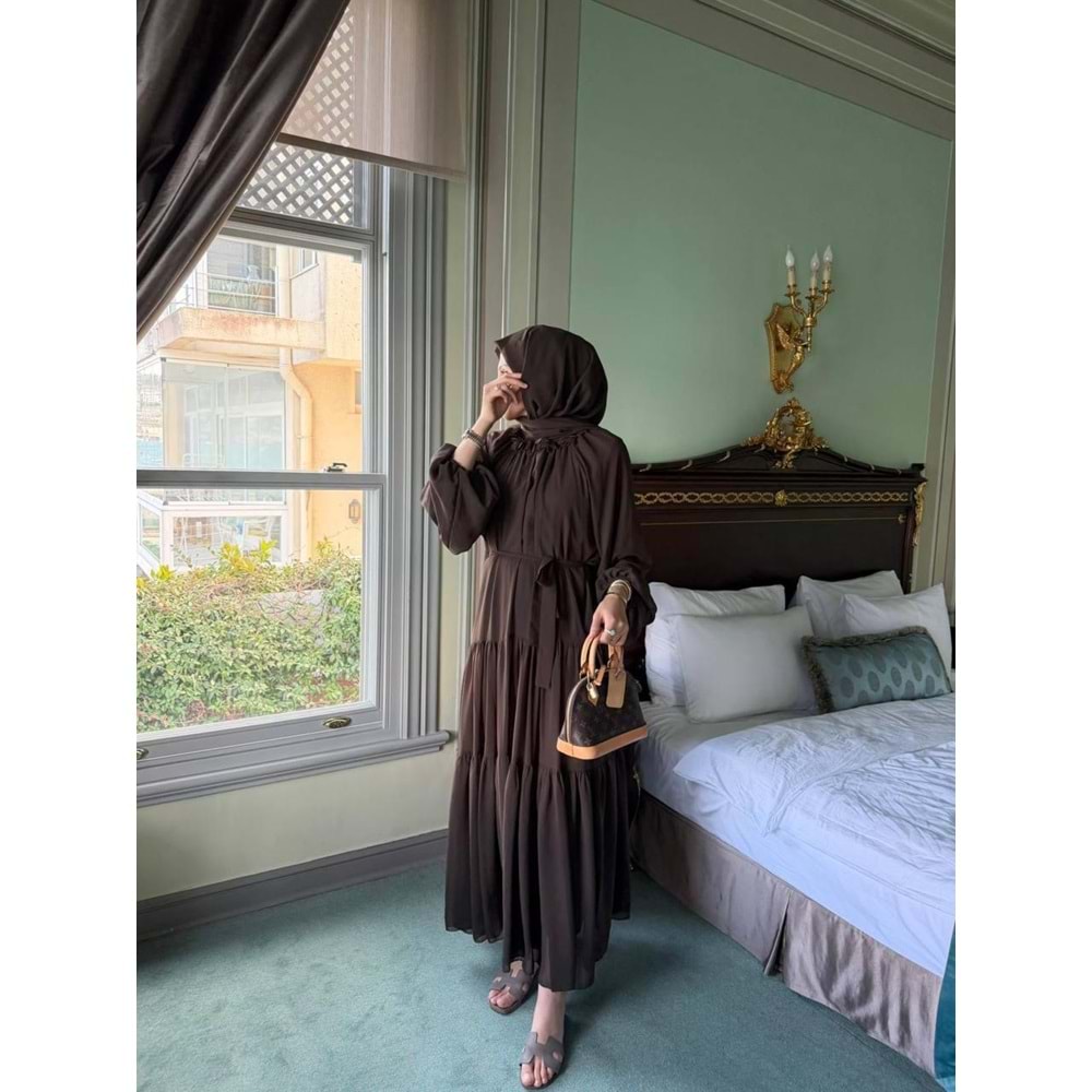 Yakası Çiçek Detaylı Reglan Kol Elbise 26068 - Kahve Rengi - 42-44 - AZRA08340-65449