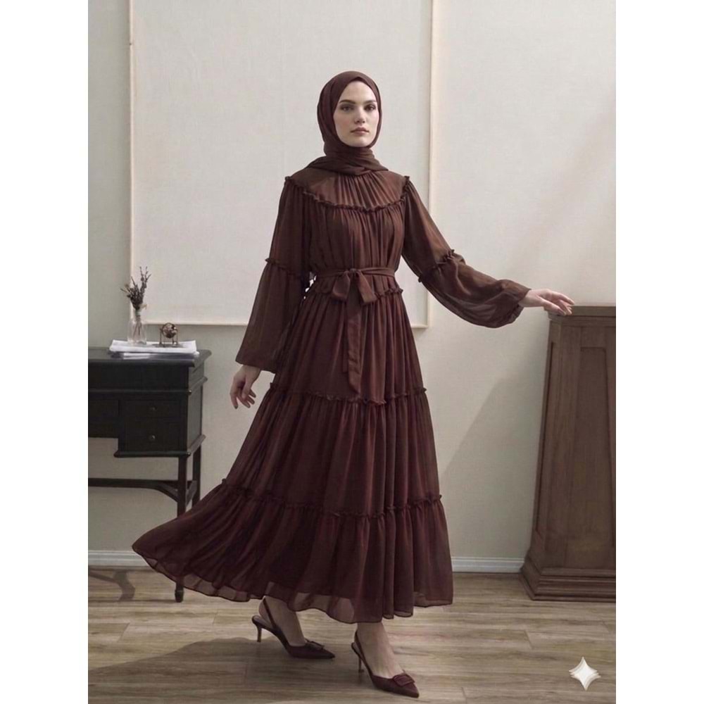 Şifon Fırfırlı Elbise 9886 - Acı Kahve - TEK BEDEN - AZRA08341-65461