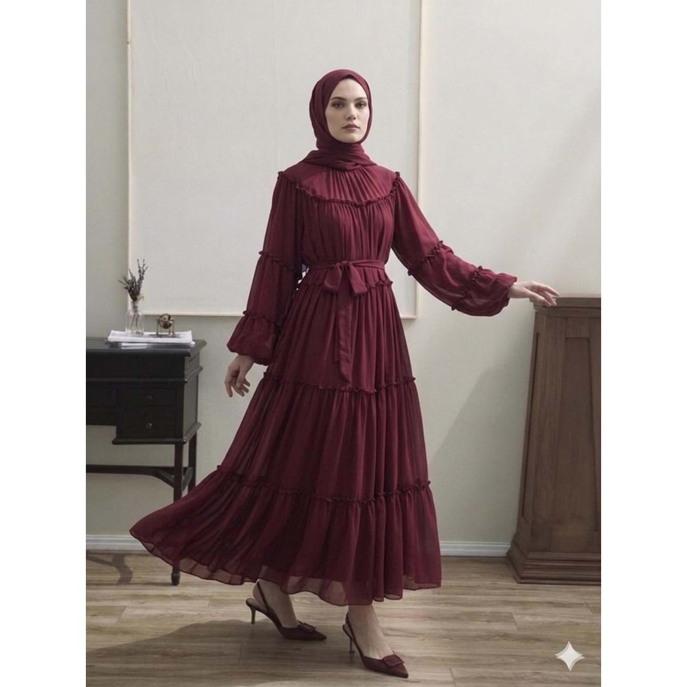Şifon Fırfırlı Elbise 9886 - Bordo - TEK BEDEN - AZRA08341-65462