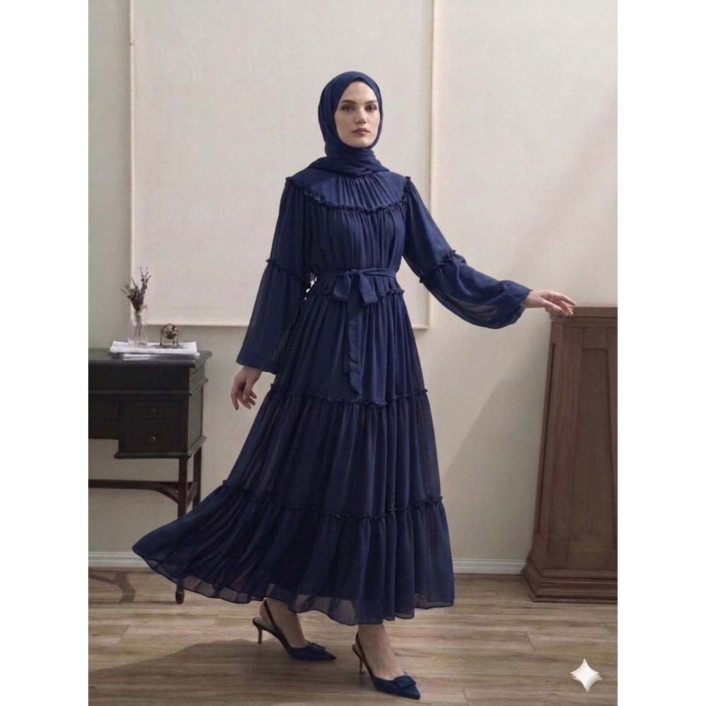 Şifon Fırfırlı Elbise 9886 - Lacivert - TEK BEDEN - AZRA08341-65463