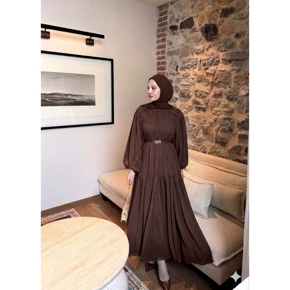 Kat Kat Büzgü Detaylı Elbise 91080 - Acı Kahve - TEK BEDEN - AZRA08342-65467
