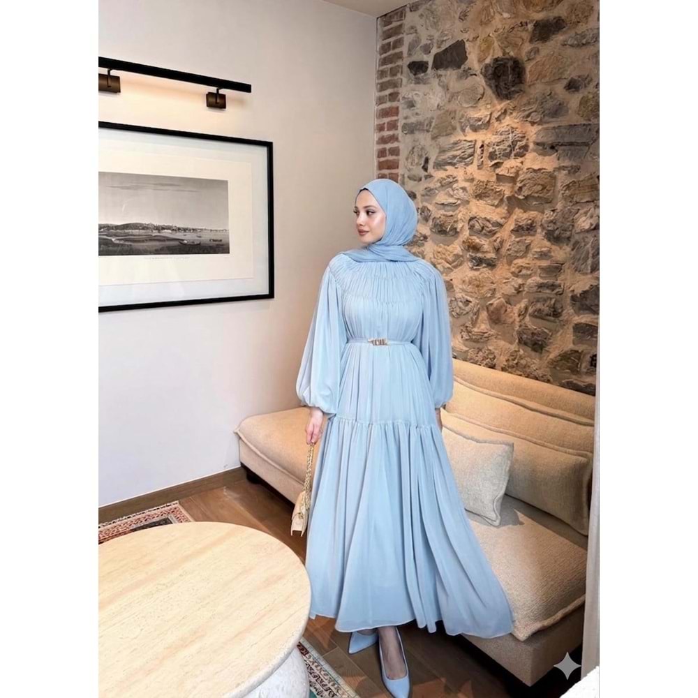 Kat Kat Büzgü Detaylı Elbise 91080 - Bebe Mavisi - TEK BEDEN - AZRA08342-65468