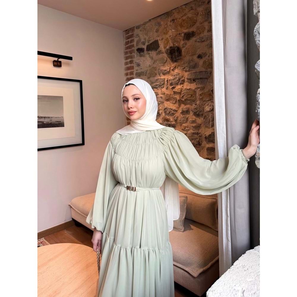 Kat Kat Büzgü Detaylı Elbise 91080 - Mint Yeşili - TEK BEDEN - AZRA08342-65470