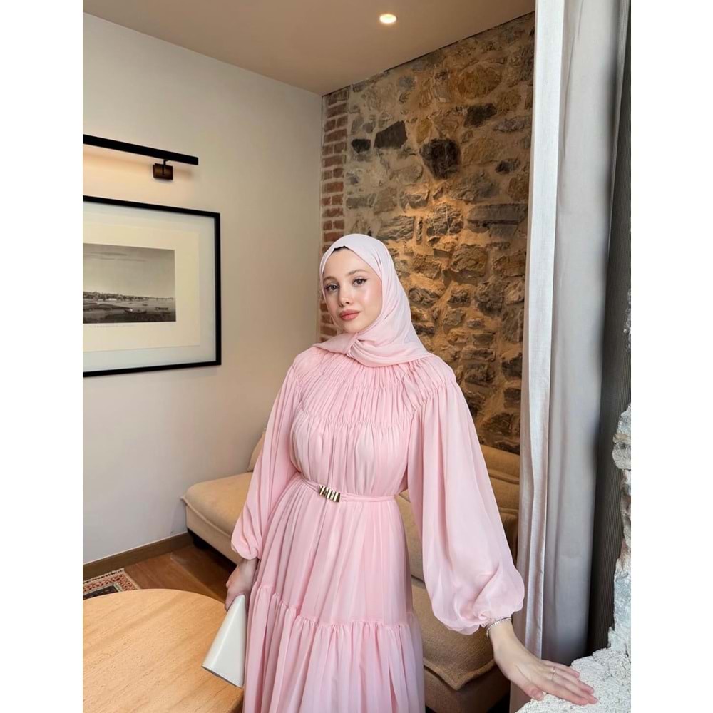 Kat Kat Büzgü Detaylı Elbise 91080 - Toz Pembe - TEK BEDEN - AZRA08342-65471