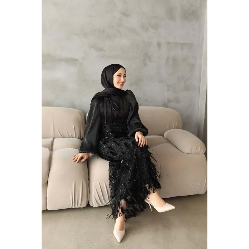 Etek Tüylü Taşlı Abiye Elbise 2974 - Siyah - 38 - AZRA08350-65591