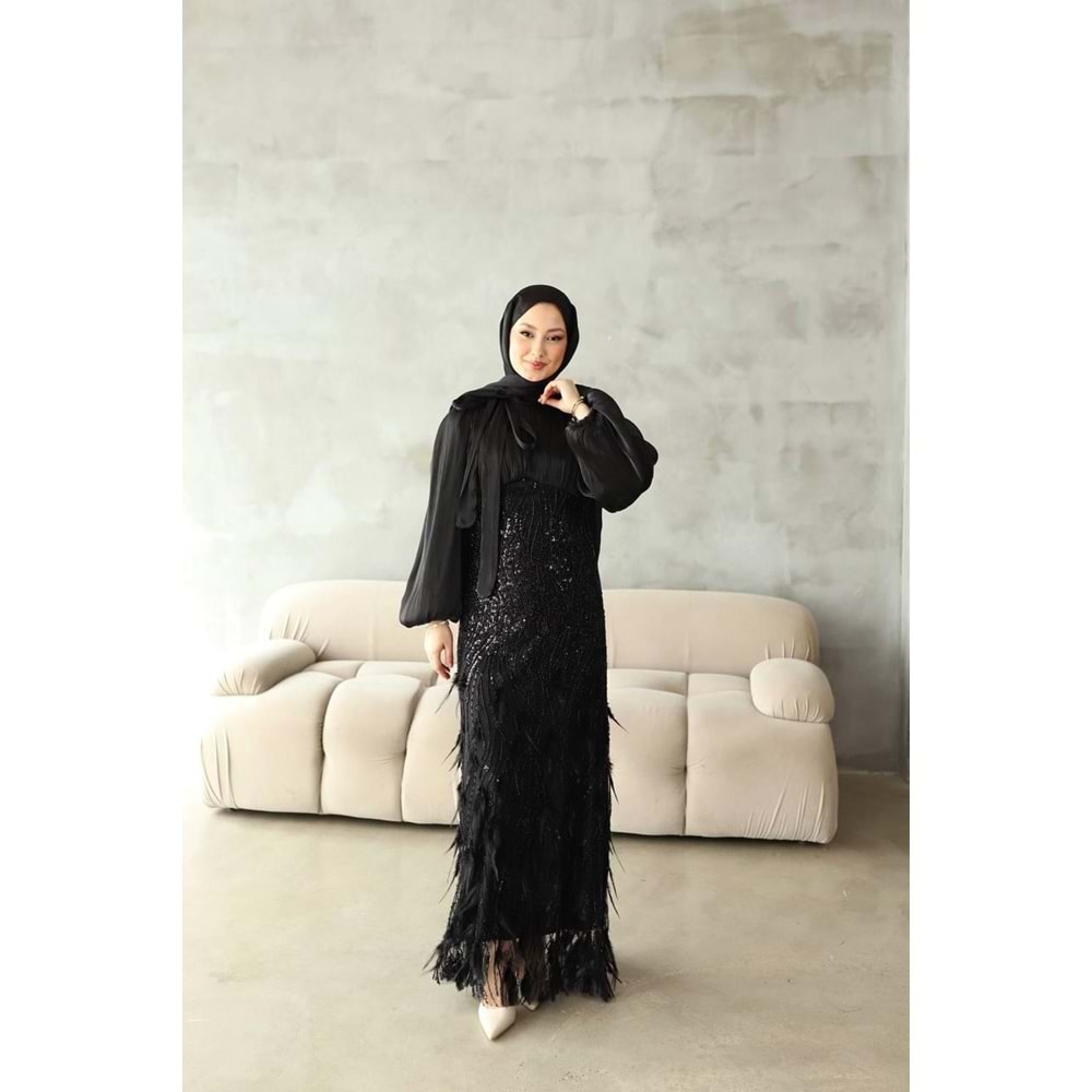 Etek Tüylü Taşlı Abiye Elbise 2974 - Siyah - 40 - AZRA08350-65592