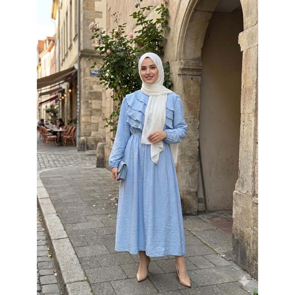 Yan Fırfır Elbise 56170 - Mavi - 46