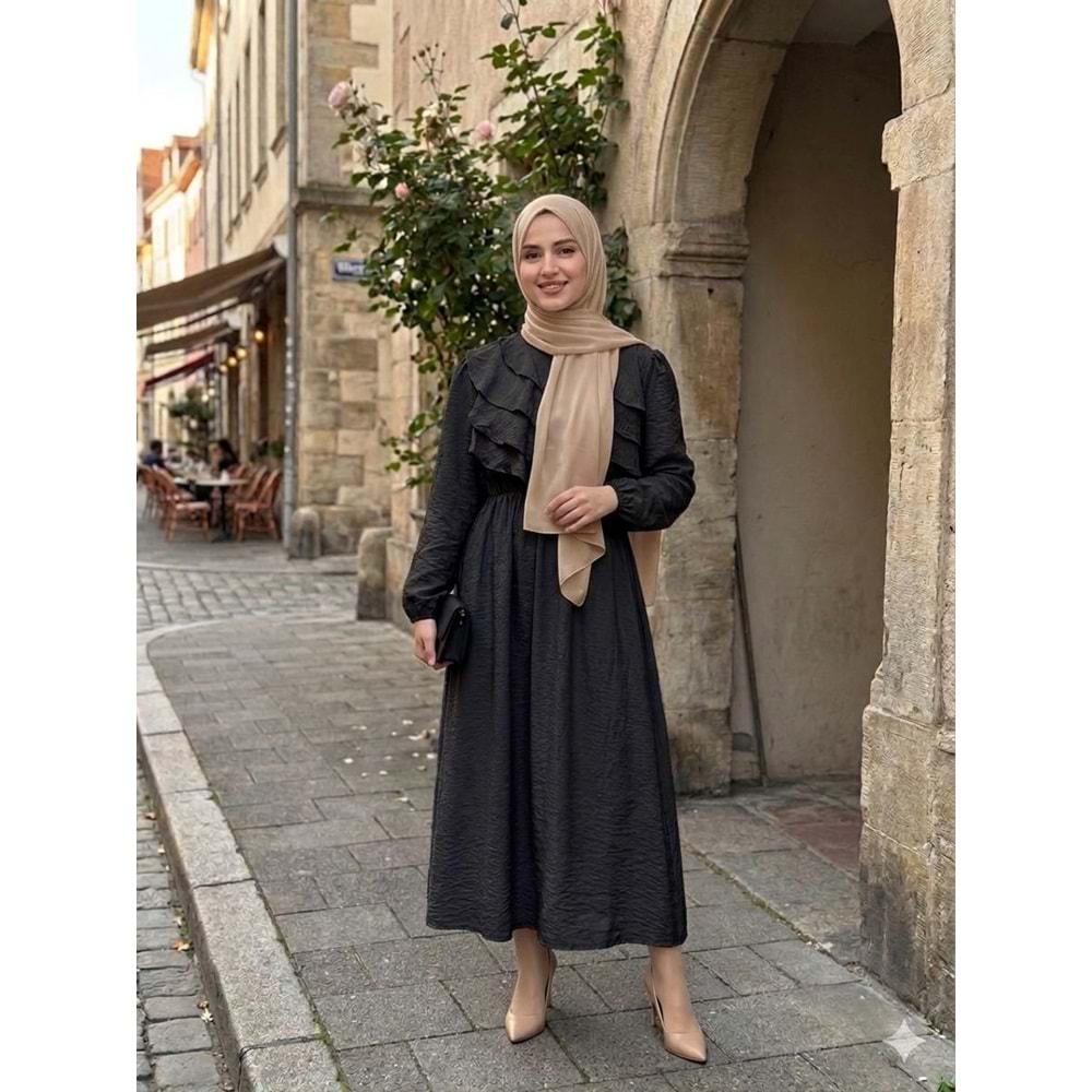 Yan Fırfır Elbise 56170 - Siyah - 44