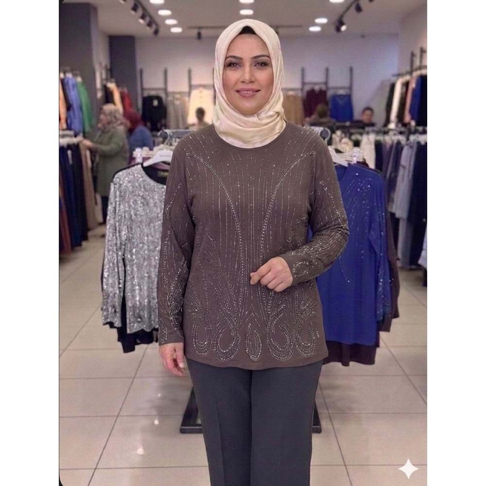 Likralı Taşlı Bluz 2200 - Acı Kahve - L - AZRA08432-66335
