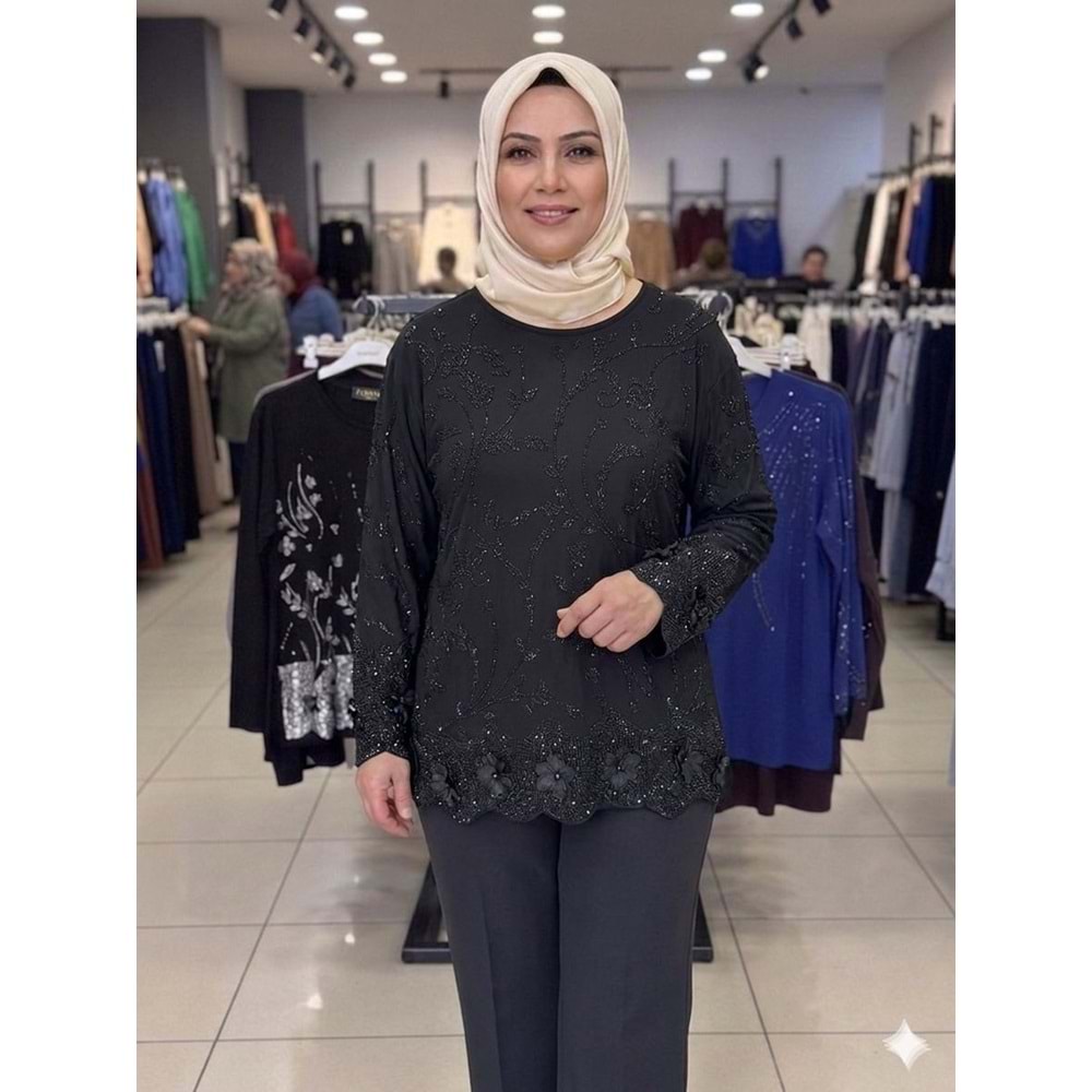Taşlı Çiçekli Bluz 066 - Siyah - L - AZRA08435-66358