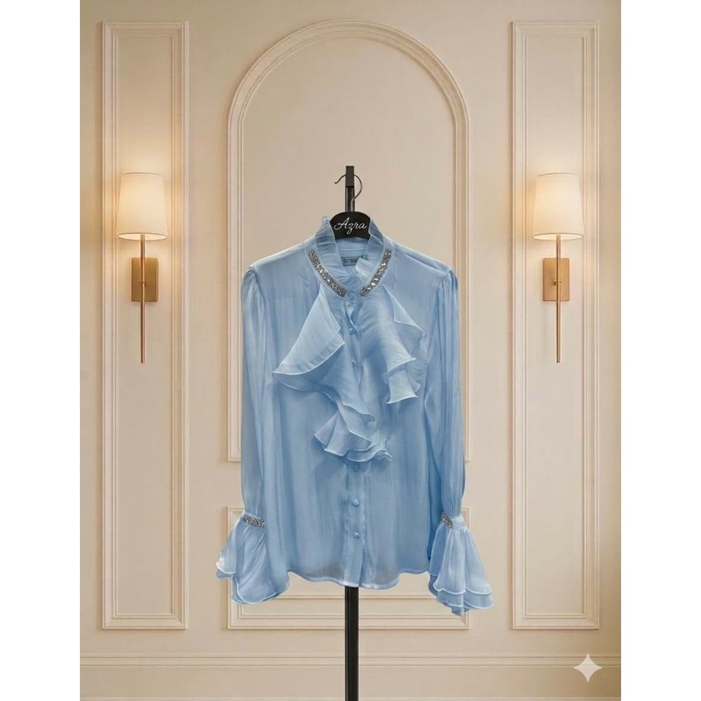 Yakası ve Kolu Taşlı Gömlek 1487 - Bebe Mavisi - XL