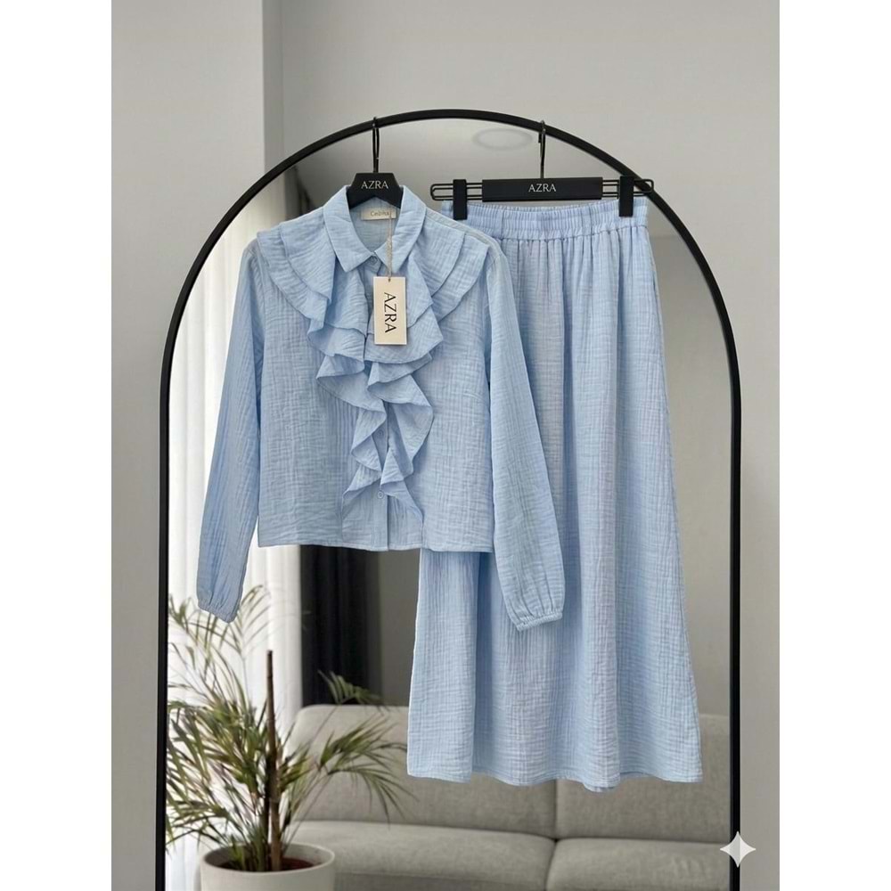 Müslin Kumaş Önü Volanlı Etekli Takım 26965 - Bebe Mavisi - L - AZRA08477-67740