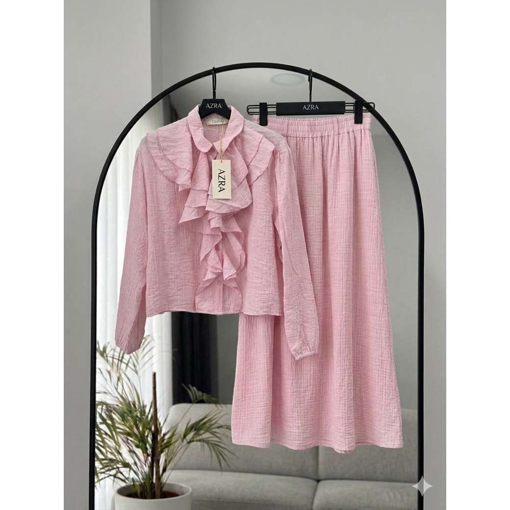 Müslin Kumaş Önü Volanlı Etekli Takım 26965 - Pembe - L