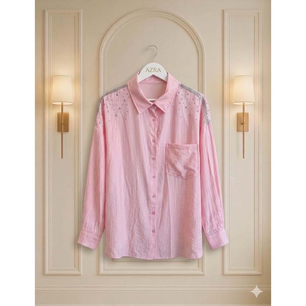 Taşlı ve Pullu Gömlek 170308 - Pembe - TEK BEDEN - AZRA08595-67515