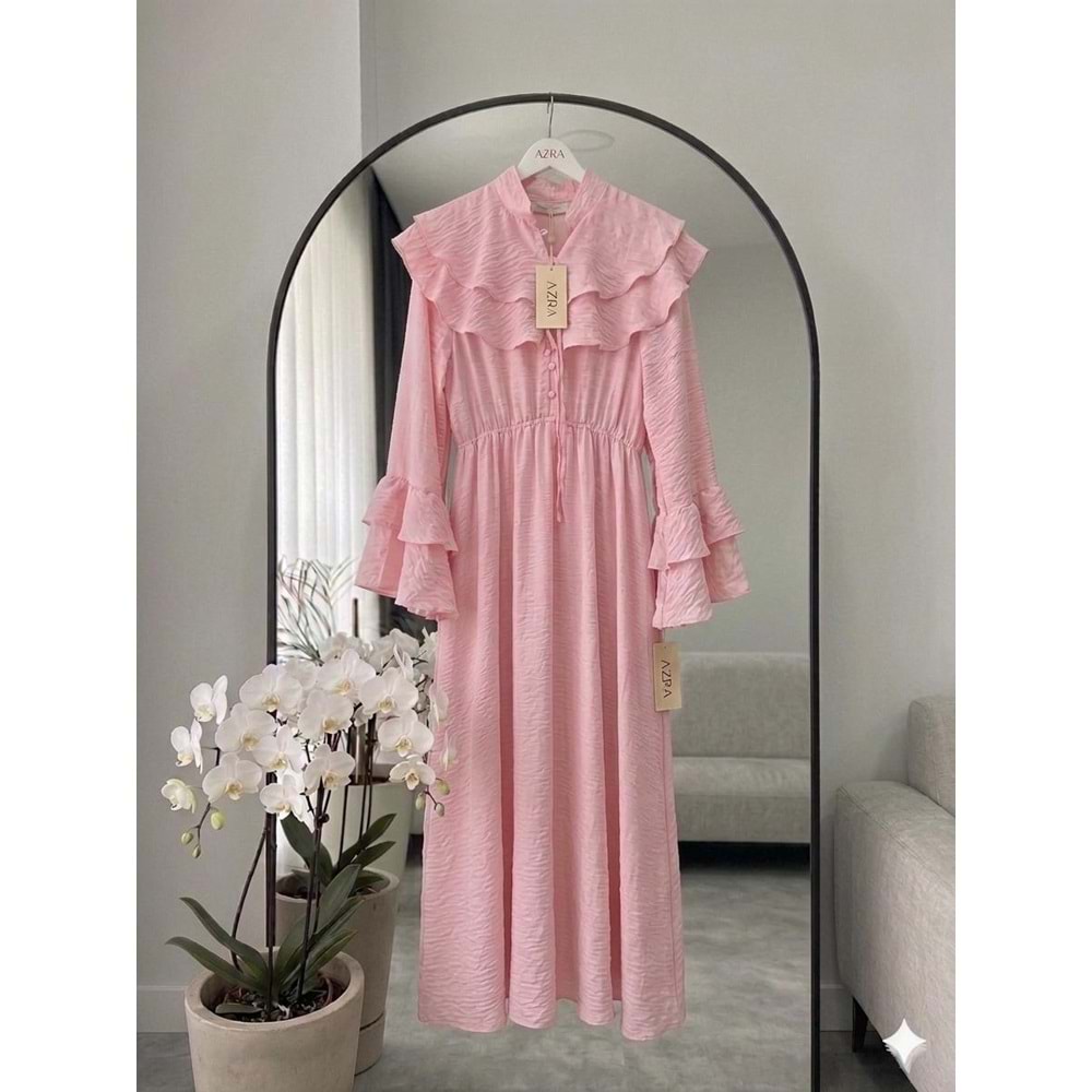 Kolları Kat Kat Tensel Kumaş Elbise 26970 - Pembe - L - AZRA08633-67699