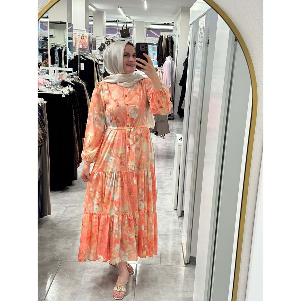 Puane Çiçek Baskılı Elbise 12710 - Oranj - L-XL
