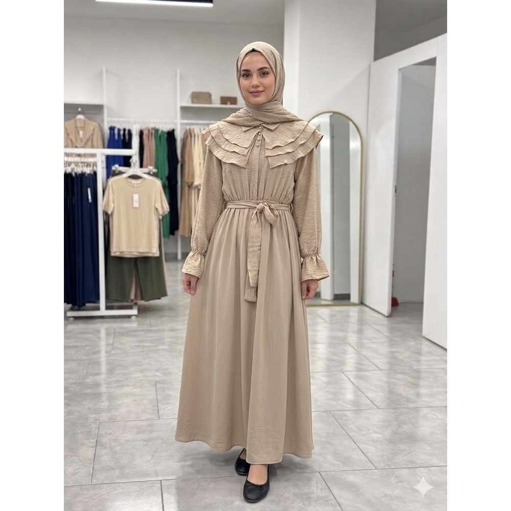 Omuzları Fırfırlı Elbise 2427 - Bej - S-M