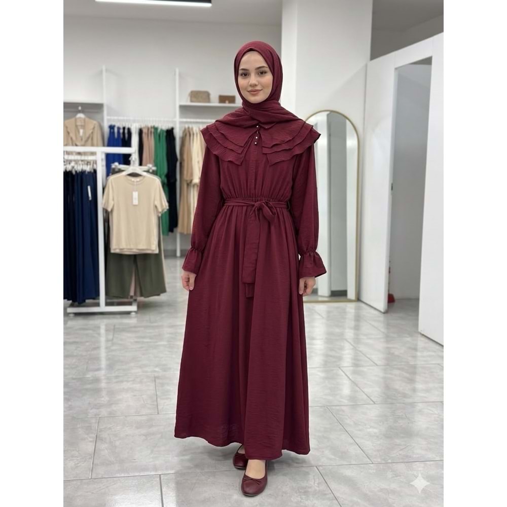 Omuzları Fırfırlı Elbise 2427 - Bordo - S-M