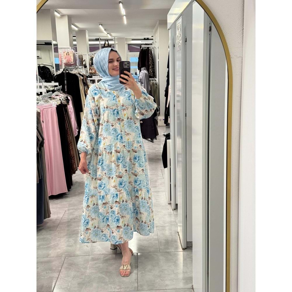 Çiçekli Elbise 1104- Mavi - L-XL