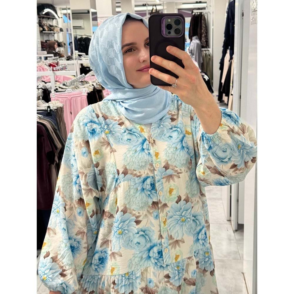 Çiçekli Elbise 1104- Mavi - L-XL