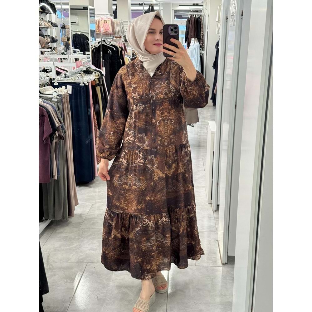 Etnik Desenli Elbise 1104 - Kahve Rengi - L-XL