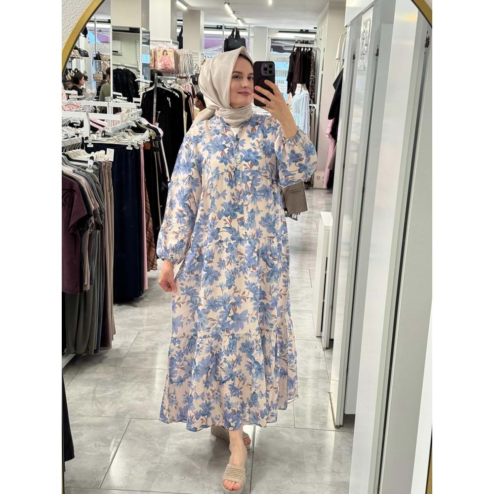 Çiçekli Modal Elbise 1104 - Mavi - L-XL