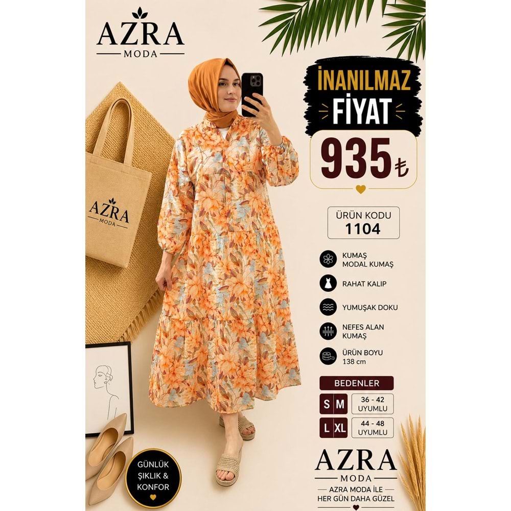 Çiçekli Modal Elbise 1104 - Turuncu - L-XL
