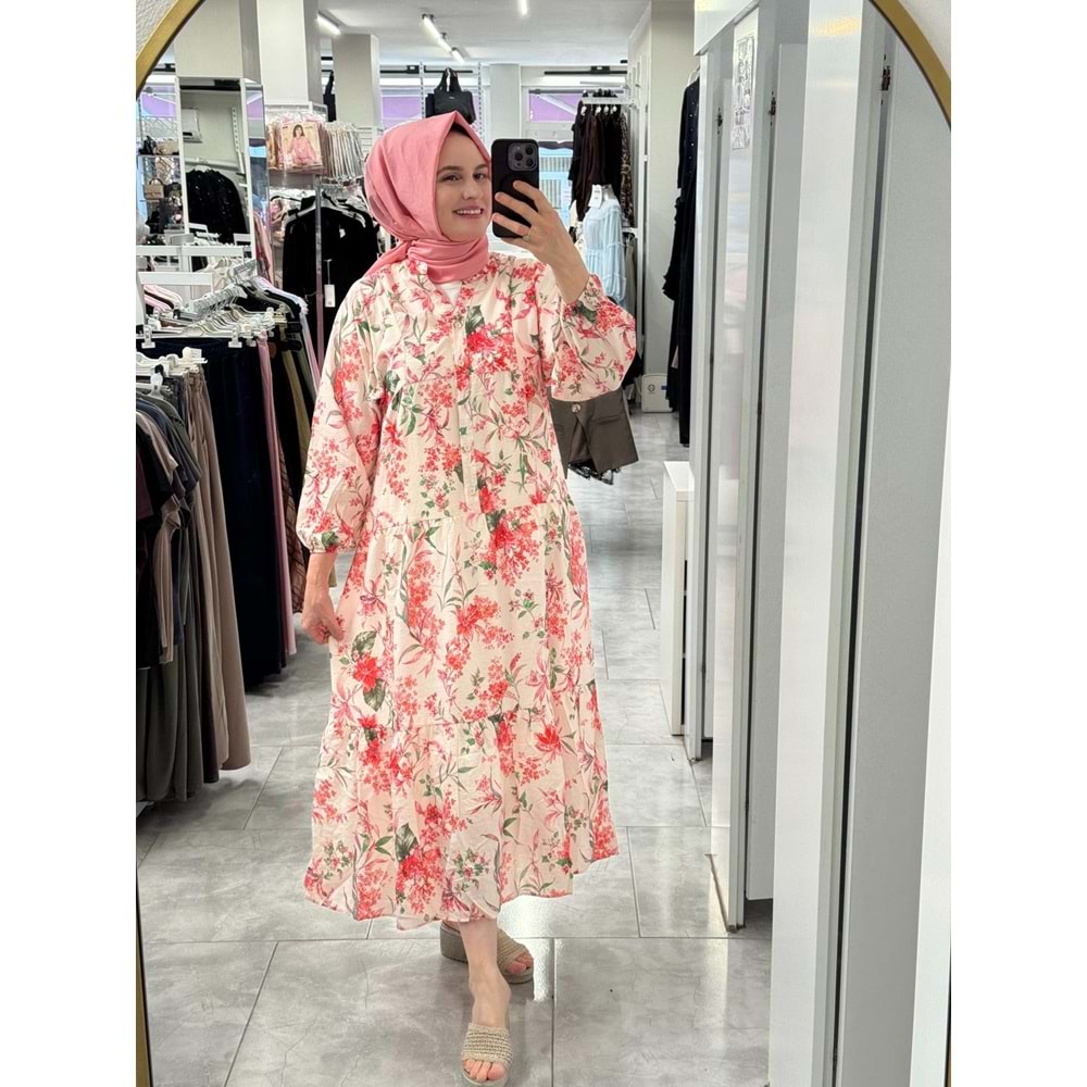 Minik Çiçekli Elbise 1104 - Kırmızı - S-M