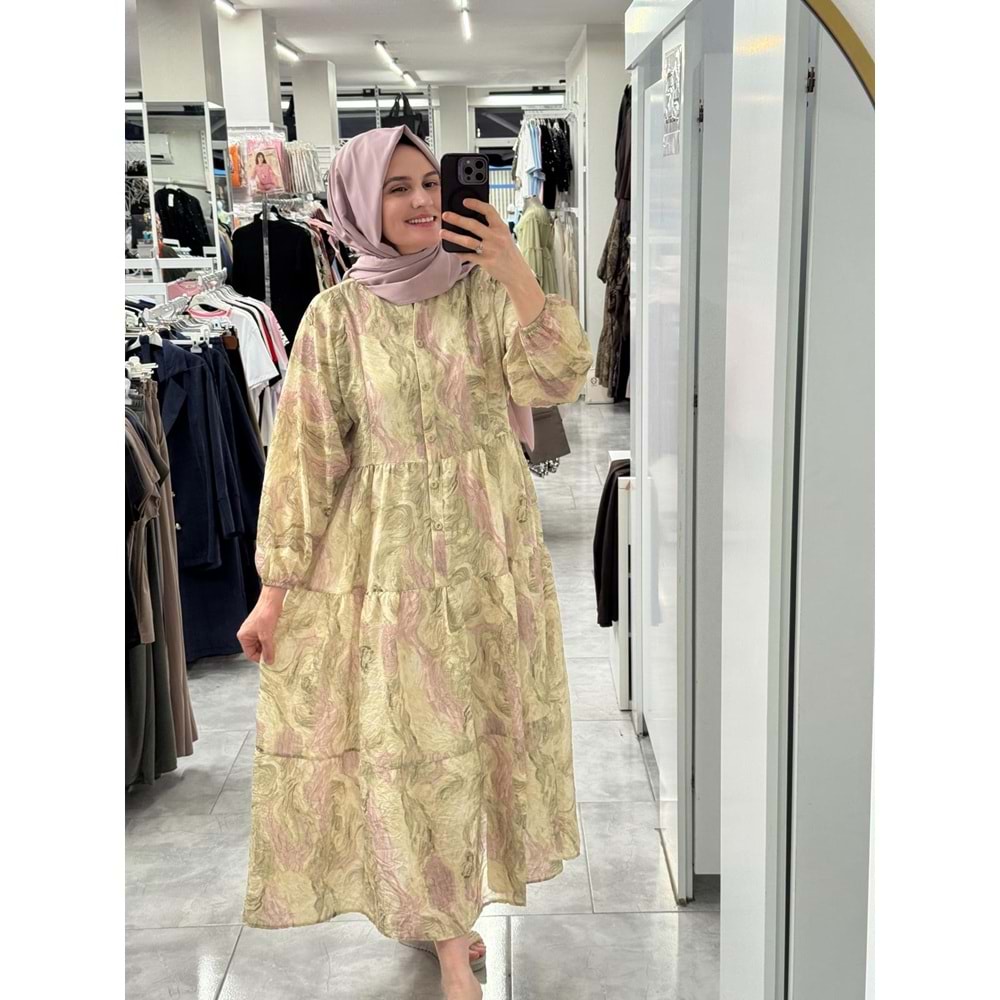 Ebru Desenli Elbise 5014 - Yeşil - S-M
