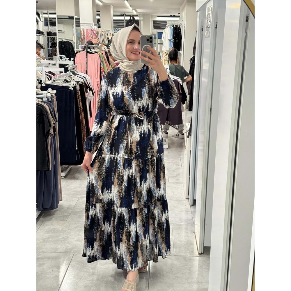 Fırça Desen Elbise 1104 - Lacivert - 40-42