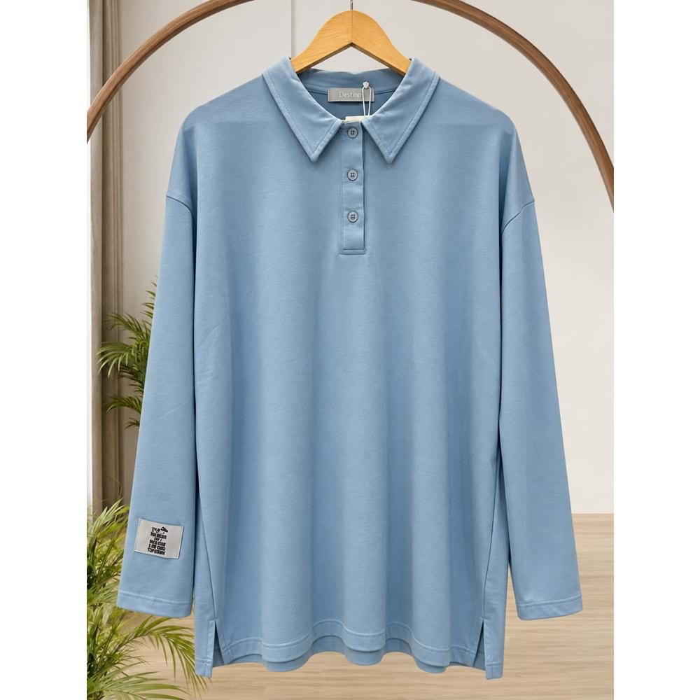 Düğmeli Polo Yaka Salaş Tunik 261098 - Mavi - TEK BEDEN