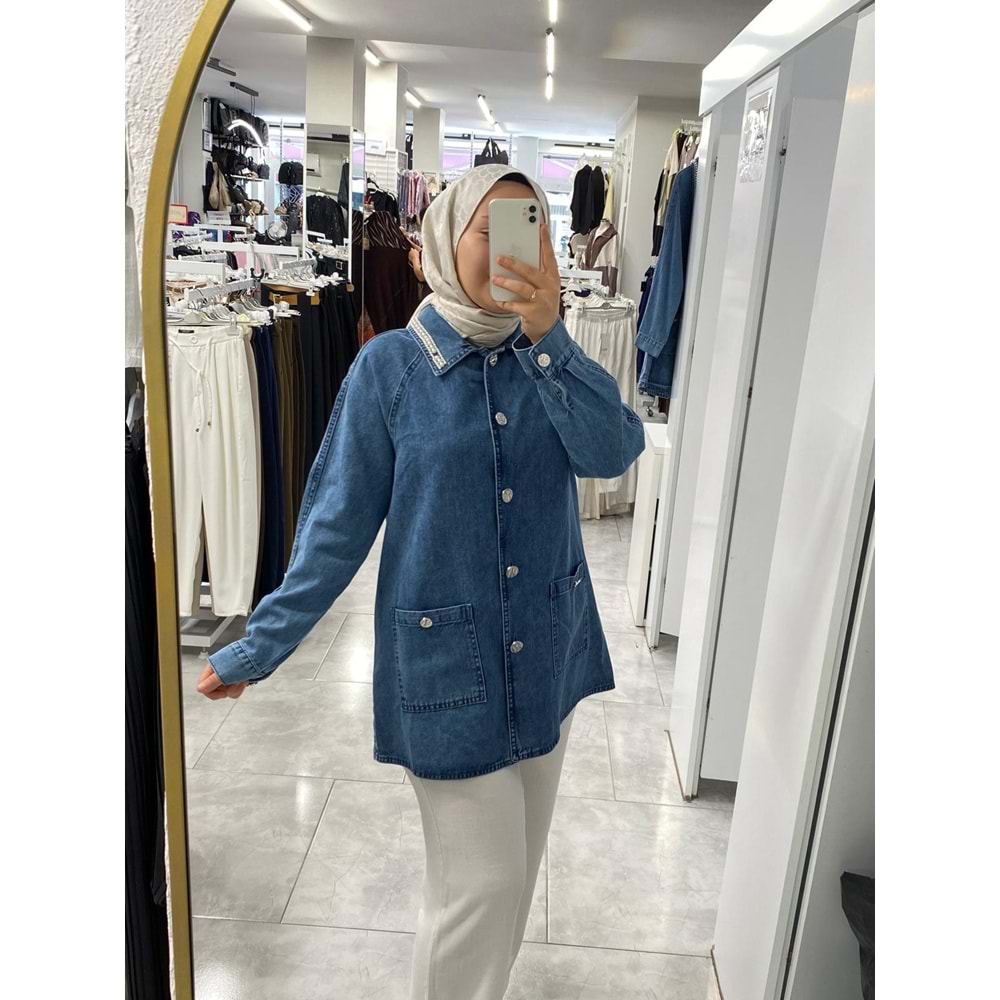 Yakası İncili Kot Ceket 7562 - Mavi - M-L - AZRA08934-70003