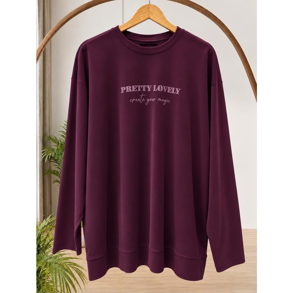 Baskılı Basic Sweat 37840 - Mürdüm - TEK BEDEN