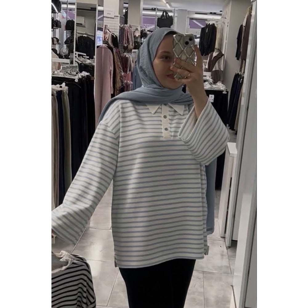 Düğmeli Polo Yaka Tunik 27167 - Mavi - TEK BEDEN
