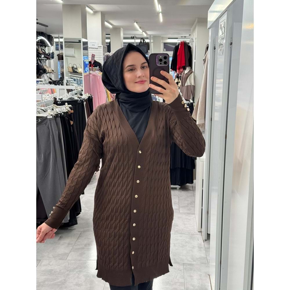 Saç Örgülü Merserize Hırka 3352 - Acı Kahve - TEK BEDEN