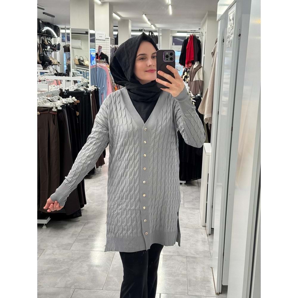 Saç Örgülü Merserize Hırka 3352 - Gri - TEK BEDEN