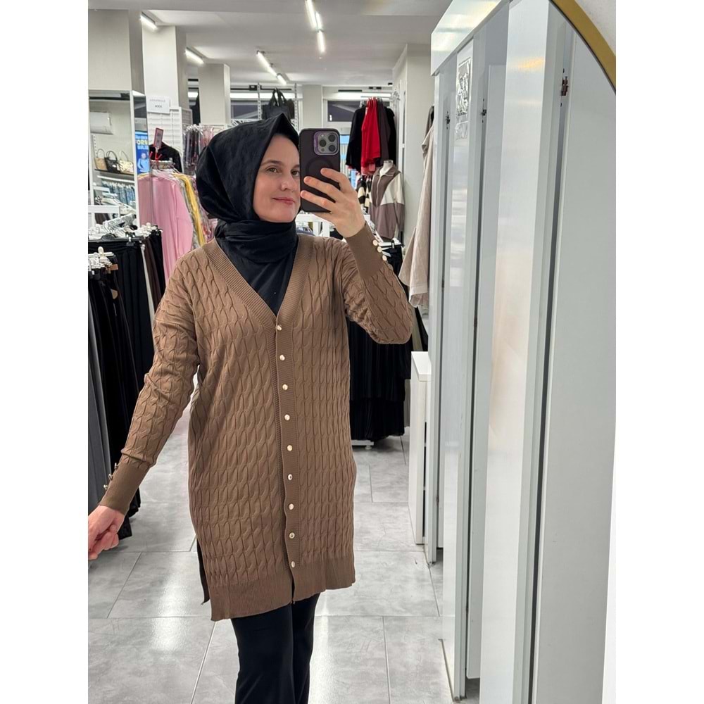 Saç Örgülü Merserize Hırka 3352 - Kahve Rengi - TEK BEDEN