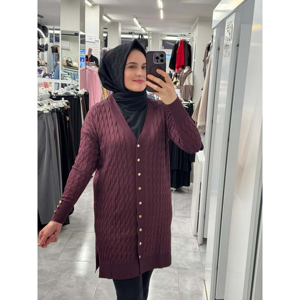 Saç Örgülü Merserize Hırka 3352 - Mürdüm - TEK BEDEN