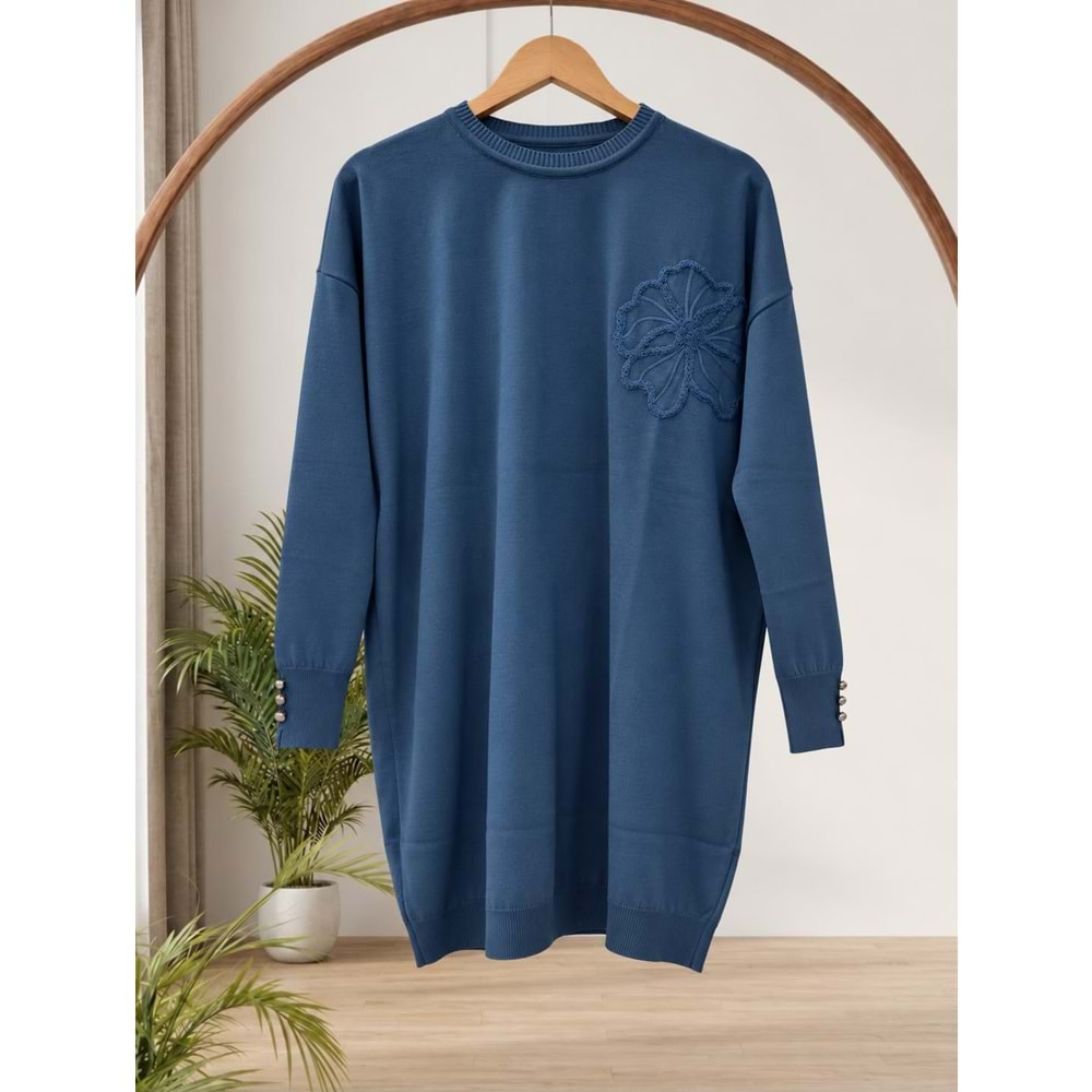 Yanı Çiçekli Merserize Tunik 3303 - İndigo - TEK BEDEN