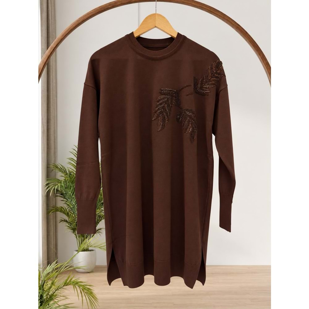 Yaprak Desen Merserize Tunik 3385 - Acı Kahve - TEK BEDEN