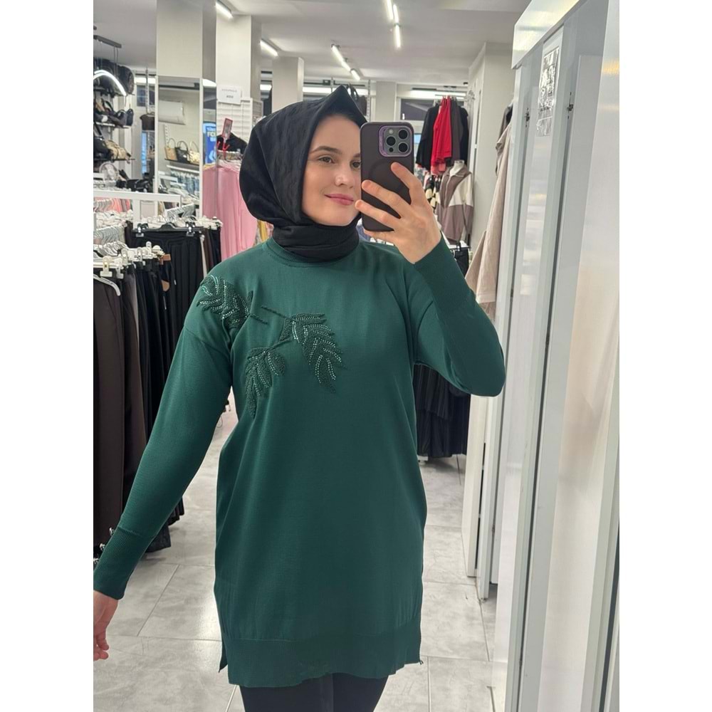 Yaprak Desen Merserize Tunik 3385 - Zümrüt Yeşili - TEK BEDEN